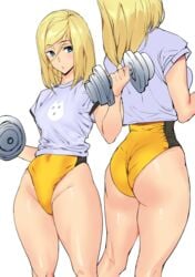 ashiomi_masato bare_legs blonde_hair blue_eyes exposed_ass guilty_gear leotard millia_rage solo_female thick_thighs