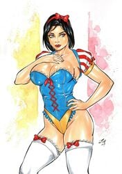 1girls 2019 big_breasts black_hair blue_dress blue_eyes blue_leotard bob_cut bow breasts busty cosplay cowboy_shot crossover dated dress ed_benes_studio eyeshadow female female_only grimm_fairy_tales_(comic) hairbow junior_maia large_breasts leotard lipstick looking_to_the_side makeup mascara nail_polish panties pinup red_bow red_lips red_lipstick red_nail_polish red_nails short_hair signature skye_mathers snow_white_(cosplay) solo stockings thighhighs thighs thong traditional_media white_stockings white_thighhighs yellow_panties yellow_thong zenescope zenescope_entertainment