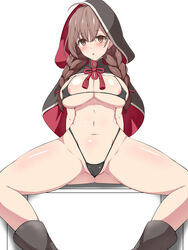 1girls ahoge areola_slip areolae bangs bikini black_capelet blush body_blush boots braid breasts brown_eyes brown_hair capelet cleavage covered_nipples empty_eyes eyebrows_visible_through_hair female female_only hair_ribbon highres hood hooded_capelet kantai_collection large_breasts long_hair micro_bikini navel open_mouth parted_lips red_ribbon reta_su_gohan ribbon shinshuu_maru_(kantai_collection) simple_background solo swimsuit twin_braids