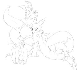 1boy 1girls ass balls blush digimon digimon_(species) female girly guilmon male penis pussy renamon soina take_your_pick