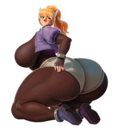 1girls ass_focus balls blonde_hair blue_eyes clothed clothing female female_only huge_ass huge_breasts hyper_bimbo jazz_(oc) original_character patacon ponytail robot skin_tight solo