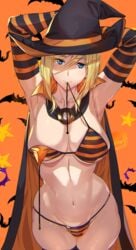 ashiomi_masato blonde_hair blue_eyes breasts cape cowl guilty_gear looking_at_viewer millia_rage smile solo_female striped_bikini striped_gloves thick_thighs underwear undressing witch_hat