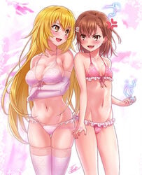 2girls angry bangs bikini blonde_hair blush breasts brown_eyes brown_hair collarbone elbow_gloves electricity eyebrows_visible_through_hair female frilled_bikini frills front-tie_bikini front-tie_top gloves hair hair_ornament isshi_pyuma large_breasts looking_at_another misaka_mikoto multiple_girls navel open_mouth pink_bikini revision shokuhou_misaki short_hair smile socks star star-shaped_pupils stomach swimsuit symbol-shaped_pupils teenage_girl teenager thigh_socks thighhighs to_aru_kagaku_no_railgun to_aru_majutsu_no_index twitter_username v-shaped_eyebrows white_socks yellow_eyes young