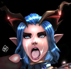 blue_eyes blue_hair castanic close-up cum_on_face demon_girl disembodied_penis faceless_male facial horns open_mouth shina tera_online tongue_out