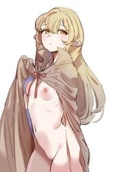 bangs blonde_hair blush bow_(bhp) breasts cloak commentary elf female long_hair looking_at_viewer naked_cloak navel nipples original pointy_ears simple_background small_breasts solo white_background yellow_eyes