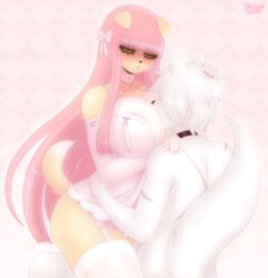 anthro big_breasts blush breasts canid canine canis clothing domestic_dog female fox fur hair hi_res hug huge_breasts lingerie long_hair lucille_lilac male mammal pink_hair raz_rodriguez razplus scar white_body white_fur