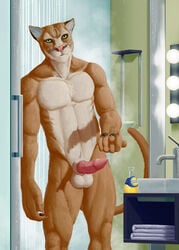 2019 5_fingers animal_genitalia animal_penis anthro balls barbed_penis bathroom bodily_fluids cougar detailed_background erection felid feline feline_penis ffl_paris fingers fur genital_fluids green_eyes hi_res male male_only mammal nude orange_body orange_fur orangina pantherine penis pink_nose precum shower smile solo standing water white_body white_fur