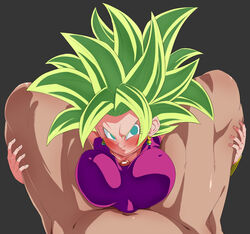 1boy 1girls alternate_breast_size amazon_paizuri big_breasts blue_eyes blush bra breasts censor_bar censored clothed_paizuri dragon_ball dragon_ball_super earrings female fusion green_eyes green_hair holding_legs kefla large_breasts legendary_super_saiyan light-skinned_female light_skin looking_at_another looking_away male naked nipples nipples_visible_through_clothing paizuri paizuri_under_clothes penis potara_earrings rom saiyan short_hair smiling spiky_hair straight super_saiyan super_saiyan_2