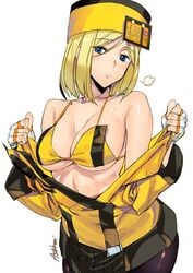 1girls ashiomi_masato bare_shoulders blonde_hair blue_eyes bra cleavage female female_only flashing guilty_gear hat millia_rage short_hair solo