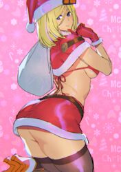 ashiomi_masato bare_ass bikini_top blonde_hair blue_eyes christmas guilty_gear looking_back millia_rage santa_costume sideboob smile stockings thick_thighs