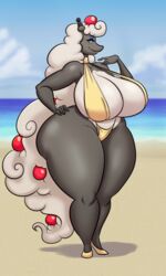 1girls alternate_color ampharos anthro anthrofied beach big_ass big_breasts bikini black_fur chubby cleavage clothed dark_skin deadpliss dragon exotic_colors eye_contact eyelashes eyeshadow female female_only half-closed_eyes huge_ass huge_breasts looking_at_viewer makeup mega_ampharos nintendo original_character overweight overweight_female pokémon_(species) pokemon pokemon_(species) pokemon_gsc pokemon_oras pose scalie sheep shiny_pokemon solo source_request tail thick_thighs white_fur wide_hips yellow_eyes