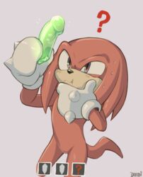 ? anthro blush bodily_fluids clothing dandi dildo echidna emerald_(gem) gem gloves handwear knuckles_the_echidna male male_only mammal monotreme purple_eyes sex_toy simple_background solo sonic_(series) sonic_the_hedgehog_(series) sweat thinking