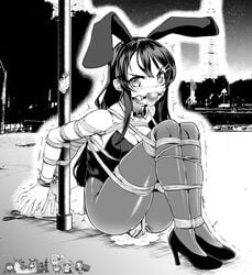 1girls absurdres angry animal_ears arms_behind_back ball_gag black_hair bondage bound bunny_ears bunny_girl bunny_tail bunnysuit chibi collar dildo eudetenis fake_animal_ears female gag gagged highres lio_fotia long_hair love_live! monochrome outdoors pantyhose promare pussy_juice rope sakurajima_mai saliva scissors seishun_buta_yarou_wa_bunny_girl_senpai_no_yume_wo_minai smol_nozomi takanya toujou_nozomi vibrator