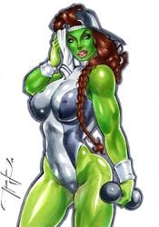 1girls 2019 after_workout artist_signature baseball_cap big_breasts blue_eyes braid brown_hair busty cap color dated drawn dumbbell ed_benes_studio female female_only fully_clothed green_skin grey_cap gym_clothes hat headwear hulk_(series) jeferson_lima large_breasts leotard lipstick marvel marvel_comics muscular muscular_female nipple_bulge pinup red_lips red_lipstick she-hulk signature solo thighs towel white_background white_towel wiping_face