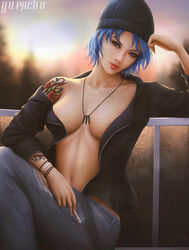 1girls beanie blue_hair breasts chloe_price cigarette cleavage dyed_hair female female_only hat jacket jeans life_is_strange looking_at_viewer necklace open_clothes open_jacket short_hair smoking solo solo_female tattoo yupachu