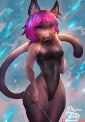 1girls 2019 anthro breasts cameltoe clothing collar cute_fangs domestic_cat felid feline felis female female_only girlsay hair hand_on_collar inner_ear_fluff leotard mammal nipple_bulge pink_eyes pink_hair pokies riding_crop rubber simple_background smile solo tight_clothing tuft ultrabondagefairy_(character) whip