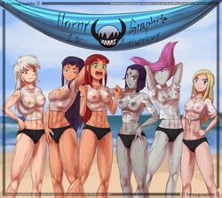 2d 6girls abs alien areolae bare_legs bare_midriff blackfire breasts contest dc dc_comics female female_only grey-skinned_female grey_skin hornygraphite jinx_(dc) komand'r koriand'r light-skinned_female light_skin medium_breasts multiple_girls navel nipples pale-skinned_female pale_skin pinup pose posing rachel_roth ravager_(dc) raven_(dc) rose_wilson see-through small_breasts standing starfire straight_hair t-shirt tagme tan-skinned_female tan_skin teen_titans terra_(dc) wet wet_t-shirt wet_t-shirt_contest