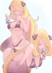 1girls ass big_breasts bikini blonde_hair chorimokki cynthia_(pokemon) grey_eyes long_hair nintendo pale-skinned_female pale_skin pokemon pokemon_dppt white_background