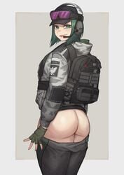 1girls ass backpack bag bottomless camouflage cinko clothing ela_(rainbow_six) female female_only flashing from_behind green_eyes green_hair headset legs_together looking_at_viewer medium_hair mooning presenting_ass rainbow_six rainbow_six_siege solo standing tom_clancy undressing uniform