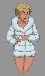 1girls angry areolae athletic blonde_hair blue_eyes busty cleavage dc dc_comics dcau earrings eyelashes eyeliner female female_focus female_only fur_coat long_hair looking_at_viewer medium_breasts navel nipples pose posing princess princess_audrey pussy red_lipstick royal royalty shaved_pussy solo stripping sunsetriders7 tagme vagina white_coat wide_hips