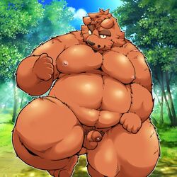 2019 anthro anus ass balls belly brown_body brown_fur facial_hair fur humanoid_hands humanoid_penis male male_only mammal moobs moustache navel nipples outside overweight overweight_male penis solo suishou0602 ursid