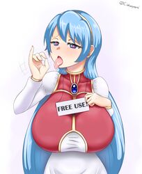 blue_eyes blue_hair blush breasts ciohoxyami dress fellatio_gesture hairband hand_on_breast heart-shaped_pupils large_breasts lufia naughty_face open_mouth saliva sign tia tongue tongue_out