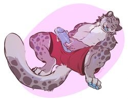 2019 anthro bodily_fluids clothed clothing cum digital_media_(artwork) felid flynx-flink fur genital_fluids lying male male_only mammal on_back pantherine pawpads paws penis simple_background snow_leopard solo tongue tongue_out