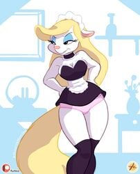 1girls animaniacs anthro female female_only furboz maid_uniform microskirt minerva_mink panties pink_panties solo thick_thighs