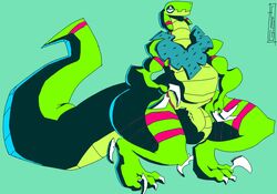 2018 absurd_res anthro balls big_balls big_tail claws clothing dinosaur foreskin girly glamoursaur green_body hi_res looking_at_viewer male mostly_nude nude penis reptile scalie scarf simple_background solo theglamoursaur thick_thighs toe_claws uncut vein wide_hips