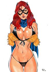 1girls 2019 barbara_gordon batgirl batman_(series) big_breasts black_bra black_lingerie black_mask black_panties black_thong blue_cape bra breasts busty cape dated dc dc_comics domino_mask ed_benes_studio eyeshadow female female_only gloves green_eyes highleg highleg_lingerie holding_breasts large_breasts light_smile lingerie lipstick long_hair looking_at_viewer makeup mascara mask masked_female panties pinup purple_lips purple_lipstick red_hair signature smile solo superheroine thong vagner_fernandes white_background yellow_gloves