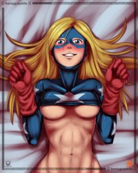 abs athletic bare_midriff blonde_hair blue_eyes blush bodysuit breasts courtney_whitmore dc dc_comics domino_mask eyelashes female female_focus female_only gloves hornygraphite lipstick long_hair mask medium_breasts navel pose posing solo stargirl tagme toned toned_female top_lift underboob