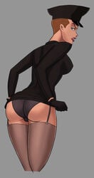 1girls ass athletic black_cap black_coat black_panties black_stockings breasts brown_hair busty chauffeur_uniform dc dc_comics dcau eyelashes female female_only garter_belt gloves green_eyes hourglass_figure lingerie looking_at_viewer looking_back mercy_graves panties pinup pose posing presenting_hindquarters red_lipstick short_hair solo stockings sunsetriders7 superman:_the_animated_series superman_(series) thick_thighs uniform upskirt vagina wide_hips