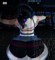 1girls 3d artist_name back_view bangbangrush bare_shoulders big_ass big_butt bimbo black_hair busty curvy eyelashes female female_only hair_ornament headphones human long_hair megan_(bangbangrush) pose posing short_shorts shorts shortstack solo standing text tied_hair twintails voluptuous