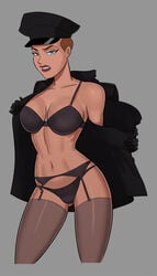 1girls angry athletic black_cap black_coat black_panties black_stockings bra breasts brown_hair busty dc dc_comics dcau eyelashes female female_only garter_belt gloves green_eyes hourglass_figure looking_at_viewer mercy_graves navel panties pinup pose posing presenting presenting_breasts red_lipstick short_hair solo stockings stripping sunsetriders7 superman:_the_animated_series superman_(series) thick_thighs uniform vagina wide_hips