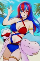 alear_(female)_(fire_emblem) alear_(fire_emblem) alternate_costume bikini blue_bikini blue_hair blue_swimsuit breasts female female_only fire_emblem fire_emblem_engage higher_resolution_available looking_at_viewer multicolored_hair nintendo red_bikini red_hair red_swimsuit rotomdocs solo sommie_(fire_emblem) swimsuit two_tone_hair