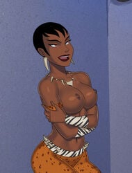 1girls areolae armband athletic black_female black_hair breasts brown_eyes cowboy_shot dark-skinned_female dark_skin dc dc_comics dcau earrings female female_only human large_breasts leopard_print mari_mccabe navel necklace nipples open_mouth perky_breasts short_hair solo sunsetriders7 tribal vambraces vixen_(dc) zebra_print