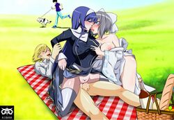 1boy 2girls a1ibaba bisexual_(female) blazblue:_cross_tag_battle clothed_sex cowgirl_position creampie cum_in_pussy cum_overflow female fit_female kissing kissing_while_penetrated light-skinned_female nun orie_ballardiae pale-skinned_female persona persona_4 picnic senran_kagura sex teddie thighhighs threesome under_night_in-birth vaginal_penetration whentai yumi_(senran_kagura)