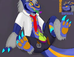 absurd_res belt bottomwear clothed clothing draconic_burners erection facial_hair fur glowing glowing_eyes goatee hi_res male_only necktie open_pants open_shirt pants seyia shirt spread_legs spreading talons tongue topwear underwear