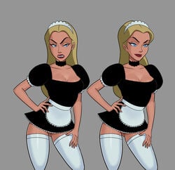 1girls ass athletic blonde_hair blue_eyes bottomless breasts bubble_butt busty cleavage clothing dc dc_comics dcau female female_focus female_only hand_on_hips hand_on_thigh hourglass_figure long_hair maid maid_apron maid_headdress maid_uniform medium_breasts naughty_face no_panties pinup pose posing princess princess_audrey pussy red_lipstick royal royalty shaved_pussy smiling solo sunsetriders7 tagme thighhighs upskirt vagina