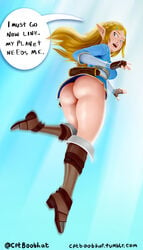 1girls ass back_view big_ass blonde_hair blue_eyes boots bottomless breath_of_the_wild bubble_butt busty cptboobhat dat_ass eyelashes female female_only flying hylian jokes long_hair looking_back meme nintendo no_panties pinup pointy_ears princess_zelda royalty sideboob solo speech_bubble text the_legend_of_zelda thick_thighs zelda_(breath_of_the_wild)