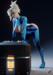 1girls 3d angela_ziegler blonde_hair blue_eyes cosplay female_only lootbox mercy metroid overwatch overwatch_2 pale-skinned_female samus_aran smile smiling_at_viewer solo swiss vgerotica zero_suit