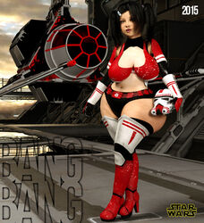 1girls 3d armor artist_name ass ass_tattoo back_view bangbangrush belt big_ass big_breasts bimbo black_gloves black_hair boots busty butt_crack curvy detailed_background elbow_gloves eyelashes female female_only female_stormtrooper front_view galactic_empire_insignia gloves hair_ornament hair_over_one_eye hairclip helmet high_heel_boots high_heels holding_object hourglass_figure human long_hair looking_at_viewer megan_(bangbangrush) midriff original_character outdoor outside pose posing shadow shocktrooper_(star_wars) short_shorts shorts shortstack shoulder_pads solo standing star_wars stormtrooper text tied_hair twintails voluptuous wide_hips