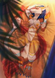 1girls 2019 4_fingers 4_toes absurd_res areola blue_hair breasts dafka day detailed_background female female_only fingers hair hi_res nipples outside pussy red_eyes sergal solo toes yellow_eyes