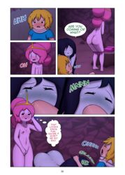 1boy 2girls adventure_time ass blowjob breasts cartoon_network comic cubbychambers fellatio finn_the_human marceline moaning penis princess_bubblegum pussy speech_bubble tagme text underwear undressing