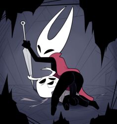 2019 absurd_res anthro arthropod ass balls big_balls big_penis black_body bound breasts chrysalis_(object) cloak clothed clothing cowgirl_position duo erection featureless female female_on_top female_penetrated hi_res hollow_knight hornet_(hollow_knight) huge_cock humanoid_penis insects kneeling larger_female male miscon on_top open_mouth penetration penis sex size_difference smaller_male smile straight vaginal_penetration video_games weapon zote