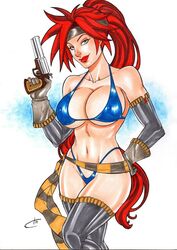 1girls 2019 bandana battle_chasers big_breasts big_breasts bikini bikini_bottom bikini_top blue_bikini blue_bikini_bottom blue_bikini_top blue_bra blue_eyes blue_thong bra breasts busty carla_torres cleavage dated ed_benes_studio eyeshadow female female_only gloves grey_bandana grey_gloves grey_headband grey_thighhighs gun hand_on_hips headband holding_gun holding_weapon huge_breasts large_breasts lipstick long_hair looking_at_viewer makeup mascara nipple_bulge partially_visible_nipples pinup ponytail red_hair red_lips red_lipstick red_monika sash signature solo striped_sash thighhighs thighs thong traditional_media very_long_hair weapon wildstorm