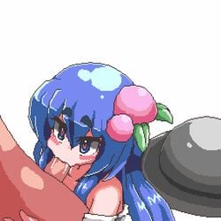 1boy 1girls animated aoihitsuji blue_hair fellatio hat heart-shaped_pupils pixel_art tagme tenshi_hinanawi touhou white_background