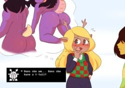 1boy 2019 2girls anus ass big_ass blonde_hair breasts brown_eyes brown_fur brown_hair cervine clothed deltarune female horns hud human kris_(deltarune) male noelle_holiday nude purple_hair purple_skin pussy scalie source_request susie_(deltarune) tail text therita3k thick_thighs thinking white_background wide_hips