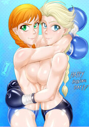 2girls anna_(frozen) arms_around_neck ass blonde_hair blue_boxing_gloves blue_eyes blue_panties boxing boxing_gloves braided_hair breast_press breasts breasts_to_breasts clothing disney elsa_(frozen) frozen_(film) gloves green_eyes hands_behind_back hug large_breasts light-skinned_female light_skin lips looking_at_viewer mostly_nude multiple_girls navy_blue_boxing_gloves navy_blue_gloves navy_blue_panties orange_hair pale-skinned_female pale_skin panties pigtails pinup platinum_blonde_hair pugilismx shiny_hair shiny_skin side_view sideboob sisters snowflake_background text thick thick_hips thick_thighs thighs topless topless_boxing wide_hips yuri