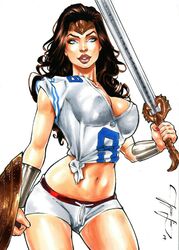 1girls 2019 alternate_costume big_breasts blue_eyes bracers breasts brown_hair busty cleavage dated dc_comics dc_extended_universe diana_prince ed_benes_studio eyeshadow female female_only football_(american) holding_shield holding_sword holding_weapon hot_pants jeferson_lima large_breasts lipstick makeup mascara nfl nipple_bulge pinup pokies purple_lips purple_lipstick shield shirt short_shirt short_shorts shorts signature smile solo sports standing superheroine sword thighs tiara weapon white_shirt wonder_woman wonder_woman_(series)